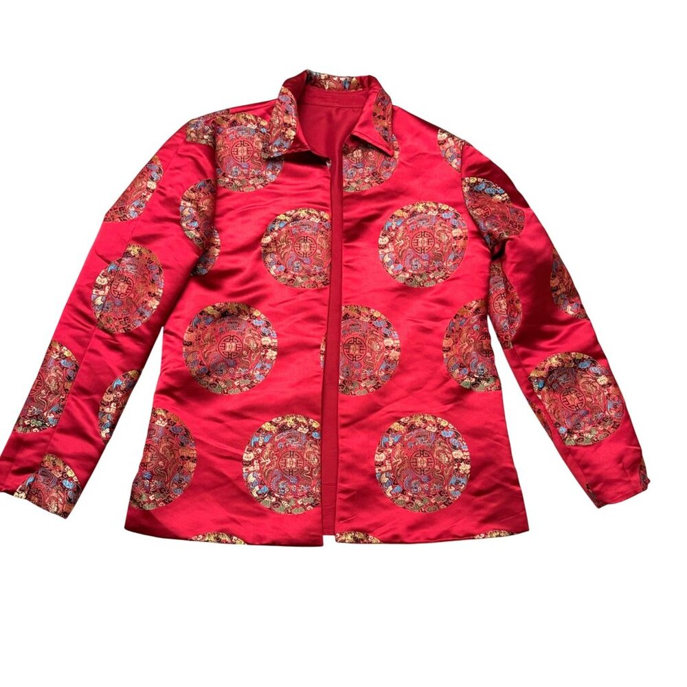 Women's Jacket Asian Oriental Red Embroidered Brocade Open Front Reversible